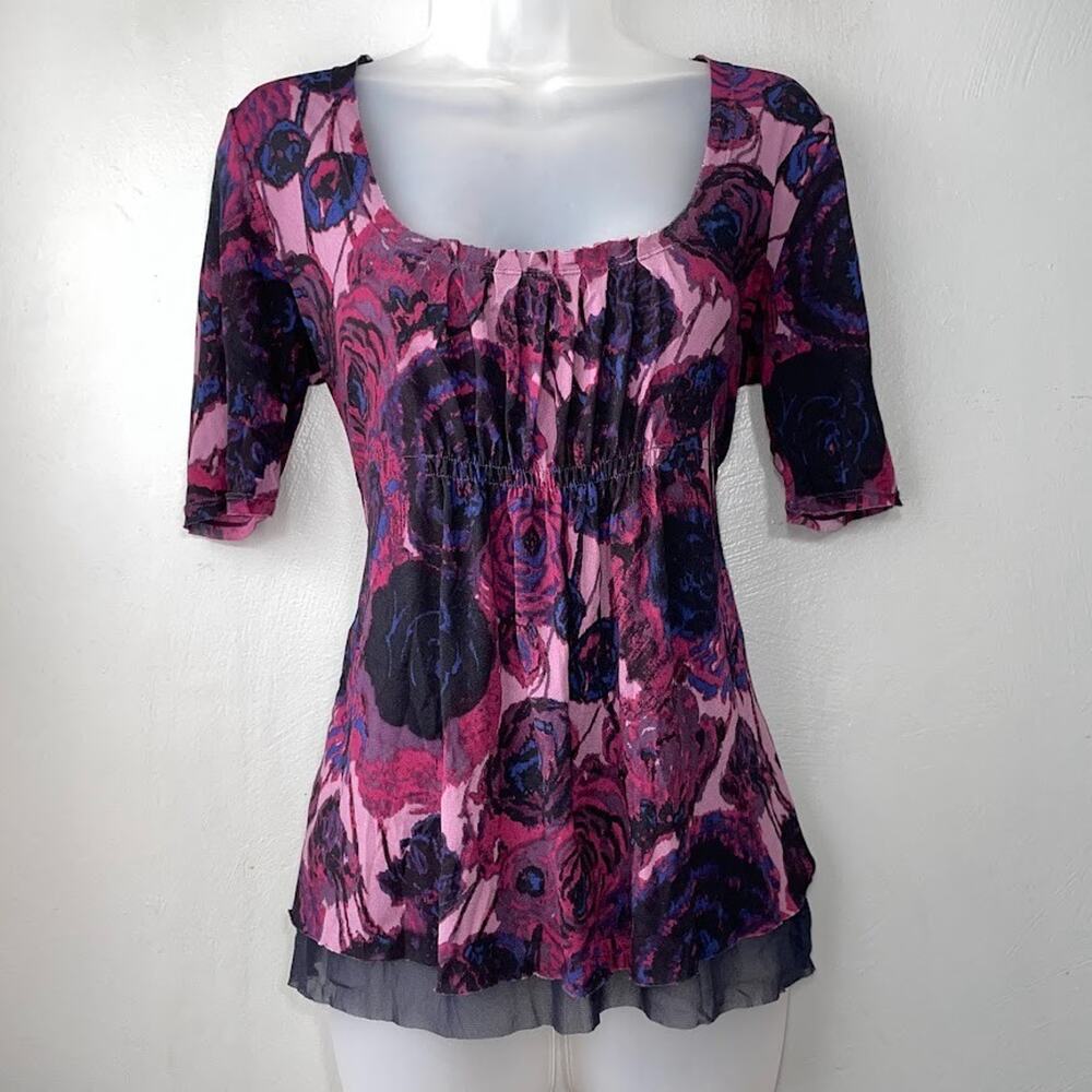 Calvin Klein Mesh Babydoll Top Size S Dark Floral Romantic Fairy Whimsigoth Y2K